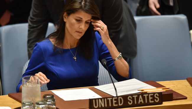 Постпред США при ООН Никки Хейли на заседании Совета Безопасности ООН в Нью-Йорке. 14 апреля 2018