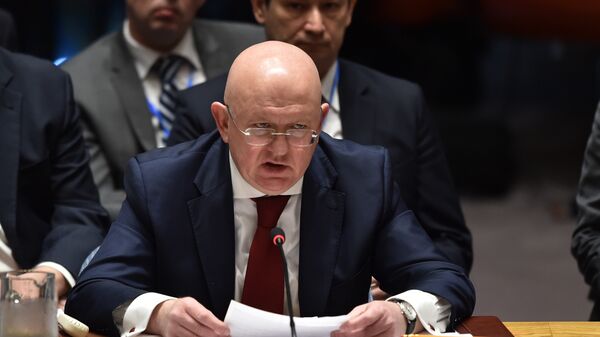 Постпред РФ при ООН Василий Небензя на заседании Совета Безопасности ООН в Нью-Йорке. 14 апреля 2018