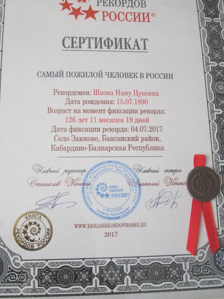 Сертификат самого пожилого человека в России Сертификат самого пожилого человека в России