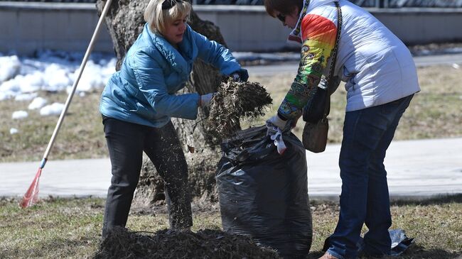 Женщины убирают прошлогоднюю листву во время городского субботника 