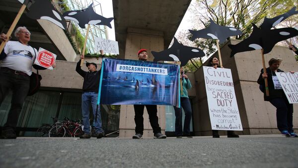 Акция протеста против строительства нефтепровода Trans Mountain компанией Kinder Morgan Canada у Верховного суда Британской Колумбии в Ванкувере. 18 апреля 2018