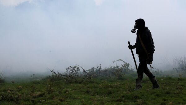 Протестующий в облаке слезоточивого газа во время столкновений с французскими жандармами в Нотр-Дам-де-Ланде, Франция