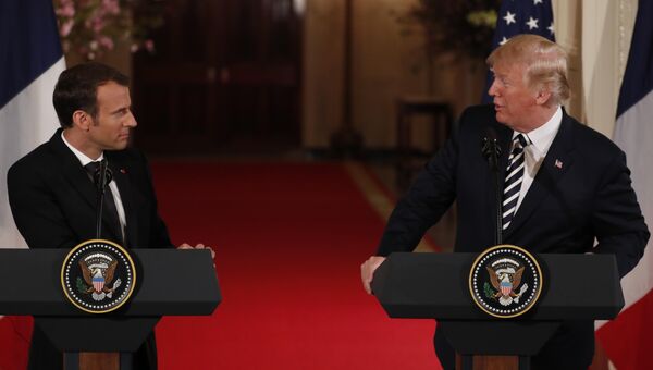 Президент США Дональд Трамп и президент Франции Эммануэль Макрон во время пресс-конференции в Белом доме. 24 апреля 2018