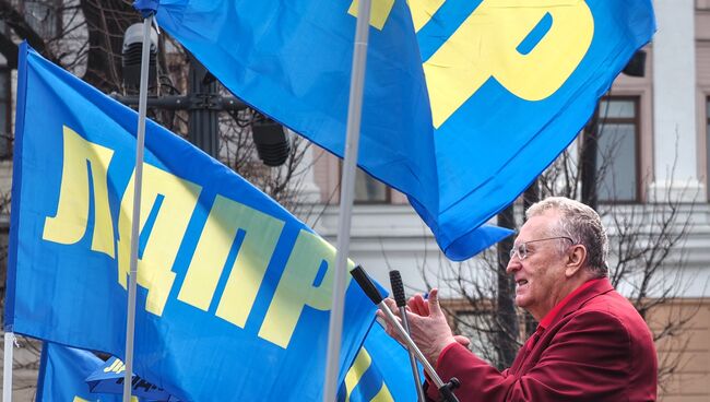 Лидер ЛДПР Владимир Жириновский выступает во время первомайского митинга ЛДПР на Пушкинской площади в Москве. 1 мая 2018