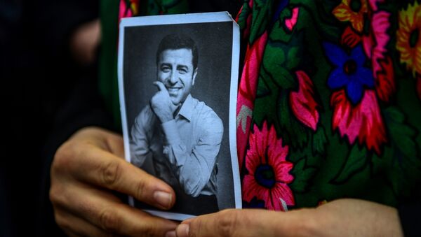 Портрет  Селахаттина Демирташа  в руках человека стоящего возле возле здания суда Бакиркой в Стамбуле. Архивное фото
