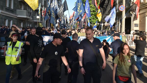 Участники марша националистов, приуроченного к четвёртой годовщине событий 2 мая 2014 года в Доме профсоюзов в Одессе. 2 мая 2018