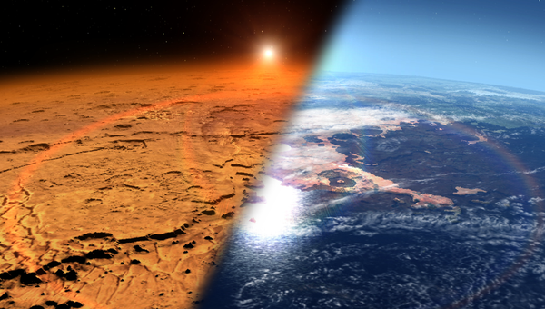 Марс сегодня (слева), так Марс мог выглядеть раньше (справа)
