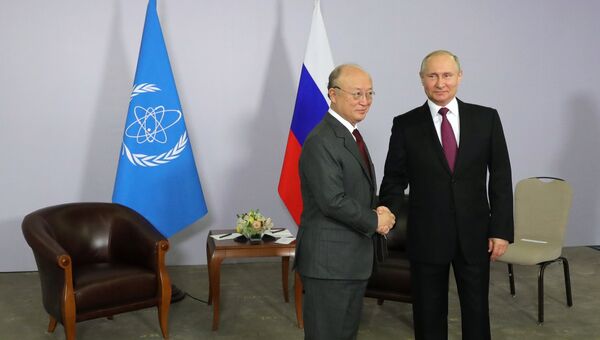 Президент РФ Владимир Путин и генеральный директор Международного агентства по атомной энергии Юкия Амано во время встречи. 14 мая 2018