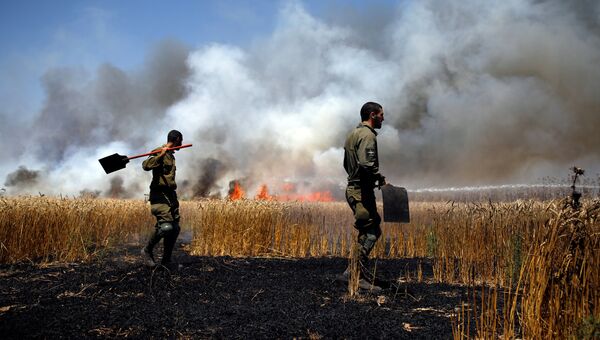 Израильские военные тушат пожар на границе сектора Газа с Израилем