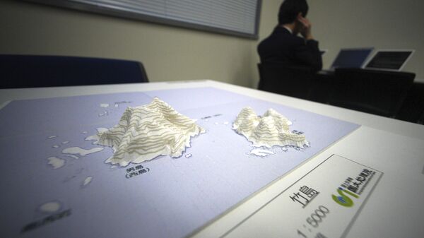 3-D карта островов  Такэсима (Токто), оспариваемых Японией и Южной Кореей, в Национальном музее территории и суверенитета в Токио