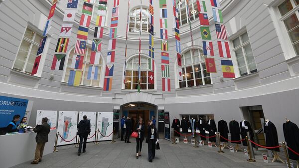 Флаги стран-участниц Санкт-Петербургского международного юридического форума LF 2018. Архивное фото