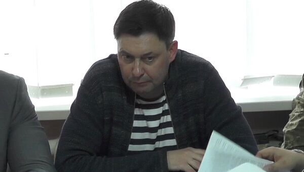 Руководитель портала РИА Новости Украина Кирилл Вышинский в Херсонском зале суда по подозрению в госизмене и поддержке самопровозглашенных республик Донбасса. 17 мая 2018