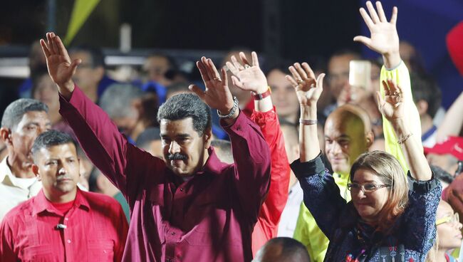 Президент Венесуэлы Николас Мадуро выступает после обнародования результатов выборов. 20 мая 2018