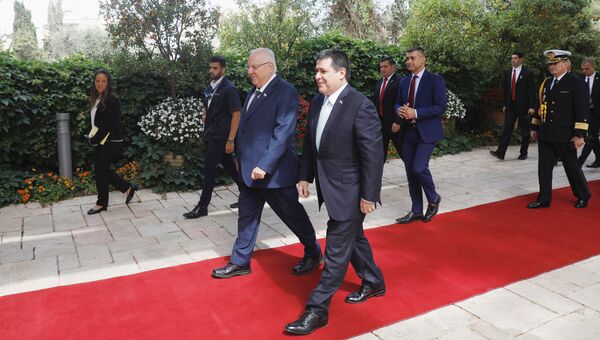 Президент Парагвая Орасио Картес и президент Израиля Реувен Ривлин перед церемонией открытия посольства Парагвая в Иерусалиме. 21 мая 2018