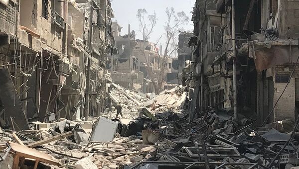 Разрушенные дома в освобожденном лагере палестинских беженцев Ярмук на юге Дамаска. Архивное фото