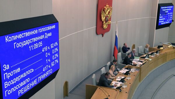 Информационное табло о количественном голосовании на пленарном заседании Государственной Думы РФ. 22 мая 2018