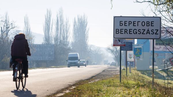 Надписи на украинском и венгерском языках на указателе в городе Берегово в Закарпатской области Украины