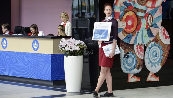 В конгрессно-выставочном центре Экспофорум накануне открытия Санкт-Петербургского международного экономического форума. Архивное фото