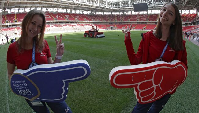 Волонтеры на поле Стадиона Спартак в Москве. Архивное фото