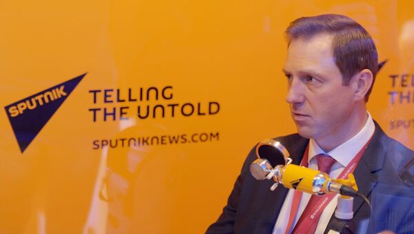 Генеральный директор АО Росгеология Роман Панов в радиорубке Sputnik на Петербургском международном экономическом форуме