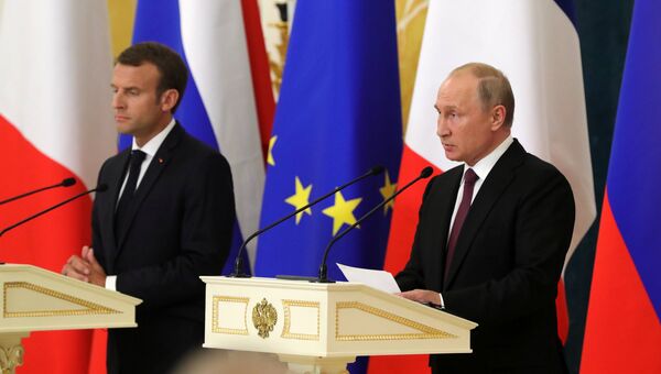 Президент РФ Владимир Путин на пресс-конференции по итогам встречи с президентом Франции Эммануэлем Макроном. 24 мая 2018