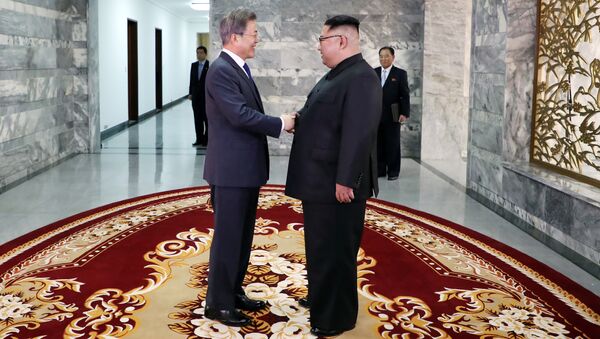 Президент Южной Кореи Мун Чжэ Ин и лидер КНДР Ким Чен Ын во время встречи в демилитаризованной зоне. 26 мая 2018