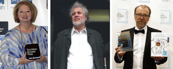 Британка Хилари Мэнтел, канадец Майкл Ондатже и американец Джордж Сондерс в разное время ставшие лауреатами Букеровский премии Британка Хилари Мэнтел, канадец Майкл Ондатже и американец Джордж Сондерс в разное время ставшие лауреатами Букеровский премии