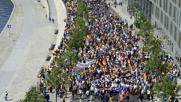 Участники акции протеста, организованной партией Альтернатива для Германии (АдГ), в Берлине. Архивное фото