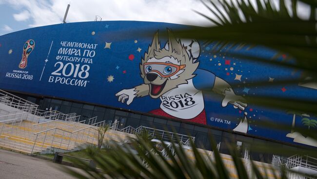 Баннер с изображением талисмана чемпионата мира по футболу ФИФА-2018 волка Забиваки, установленный у арены Ледяной куб в Сочи. Архивное фото