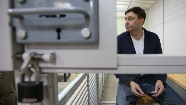 Руководитель портала РИА Новости Украина Кирилл Вышинский во время рассмотрения апелляции на арест в Херсонском зале суда. 29 мая 2018
