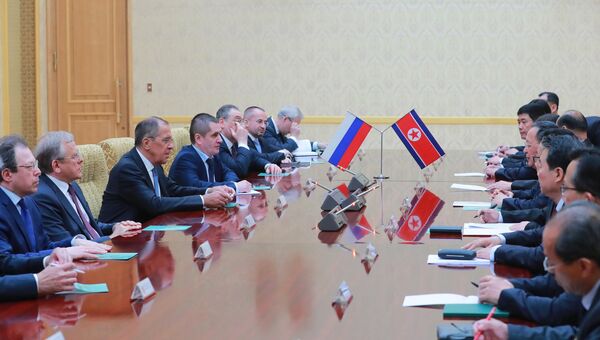Министр иностранных дел РФ Сергей Лавров во время встречи с министром иностранных дел КНДР Ли Ён Хо в Пхеньяне. 31 мая 2018