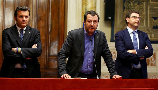 Лидер партии Лига Маттео Сальвини выступает перед журналистами в парламенте Италии. 24 мая 2018