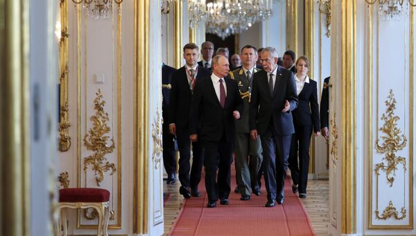 Президент РФ Владимир Путин и федеральный президент Австрийской Республики Александр Ван дер Беллен во время встречи во дворце Хофбург в Вене. 5 июня 2018