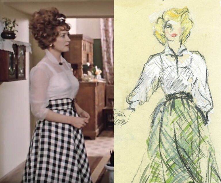 Кадр из фильма Москва слезам не верит и эскиз Ж. Мелконян