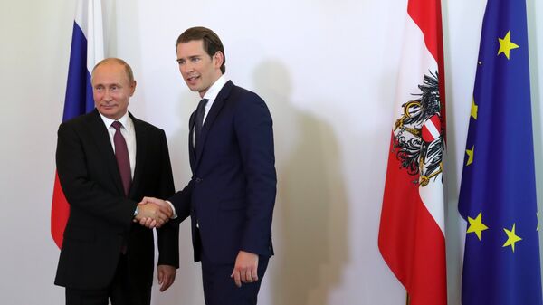 Президент РФ Владимир Путин и Федеральный канцлер Австрии Себастьян Курц во время встречи в Вене. 5 июня 2018