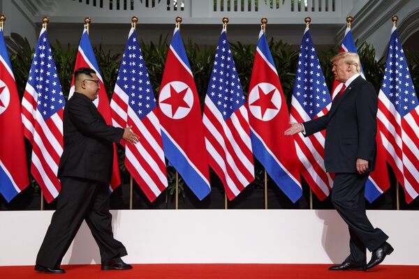 Президент США Дональд Трамп и лидер КНДР Ким Чен Ын Во время встречи в Сингапуре. 12 июня 2018