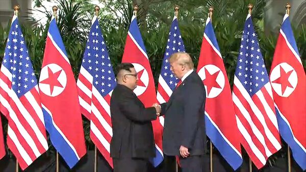 Лидеры США и Северной Кореи обменялись рукопожатием на саммите в Сингапуре Лидеры США и Северной Кореи обменялись рукопожатием на саммите в Сингапуре