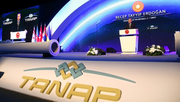 Президент Турции Реджеп Тайип Эрдоган выступает на торжественной церемонии открытия Трансанатолийского газопровода (TANAP) в городе Эскишехир. 12 июня 2018