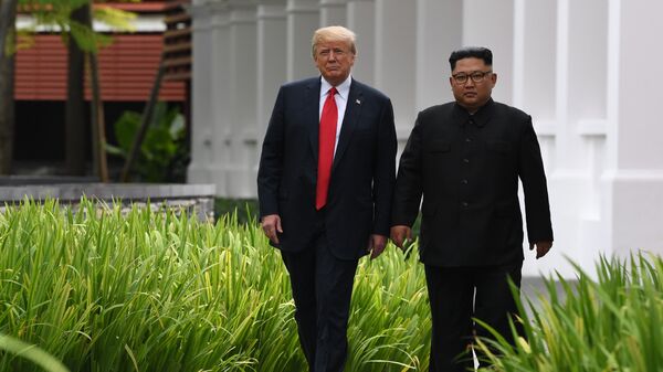 Президент США Дональд Трамп и лидер КНДР Ким Чен Ын Во время прогулки у отеля Капелла в Сингапуре