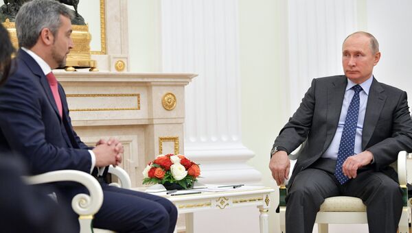 Владимир Путин и президент Парагвая Марио Абдо Бенитес во время встречи. Архивное фото