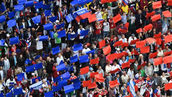 Болельщики во время церемонии открытия чемпионата мира по футболу 2018 на стадионе Лужники