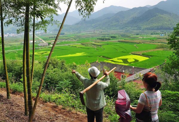 Местные жители возле рисового поля с изображением серпа и молота