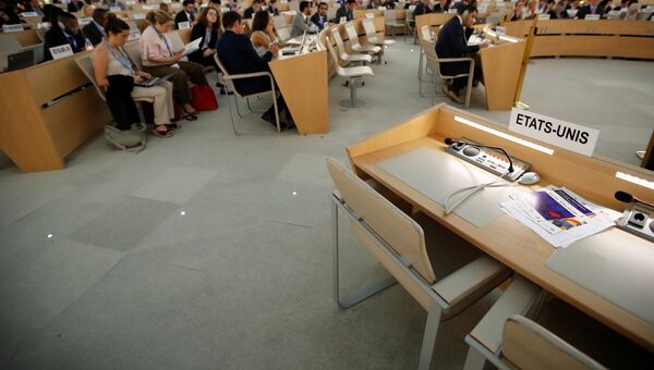 Пустые места делегации США на сессии Совета по правам человека при ООН в Женеве. 20 июня 2018