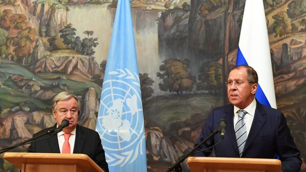 Генеральный секретарь ООН Антониу Гутерреш и министр иностранных дел РФ Сергей Лавров на пресс-конференции в Москве. 21 июня 2018