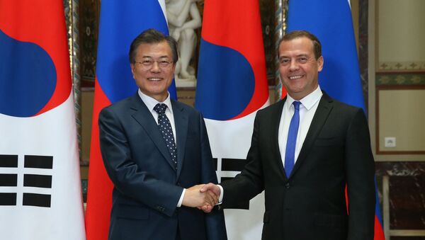 Председатель правительства РФ Дмитрий Медведев и президент Южной Кореи Мун Чжэ Ин во время встречи. 21 июня 2018