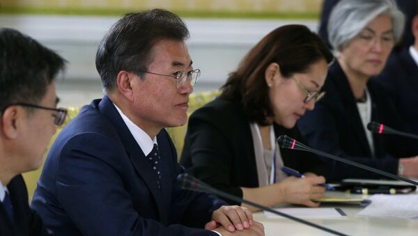 Президент Южной Кореи Мун Чжэ Ин во время переговоров с председателем правительства РФ Дмитрием Медведевым. 21 июня 2018