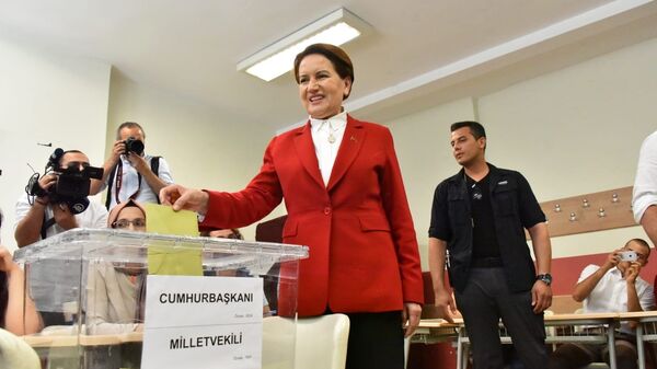 Кандидат в президенты Мераль Акшенер голосует на досрочных президентских и парламентских выборах в Турции. 24 июня 2018