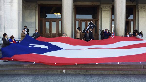 Активисты держат флаг Пуэрто-Рико перед конгрессом штата Коннектикут