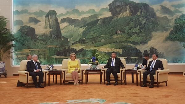 Спикер Совета Федерации Валентина Матвиенко на встрече с председателем КНР Си Цзиньпином в Пекине. 4 июля 2018