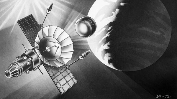Изображение советской автоматической межпланетной станции  Венера-9 и спускаемого аппарата